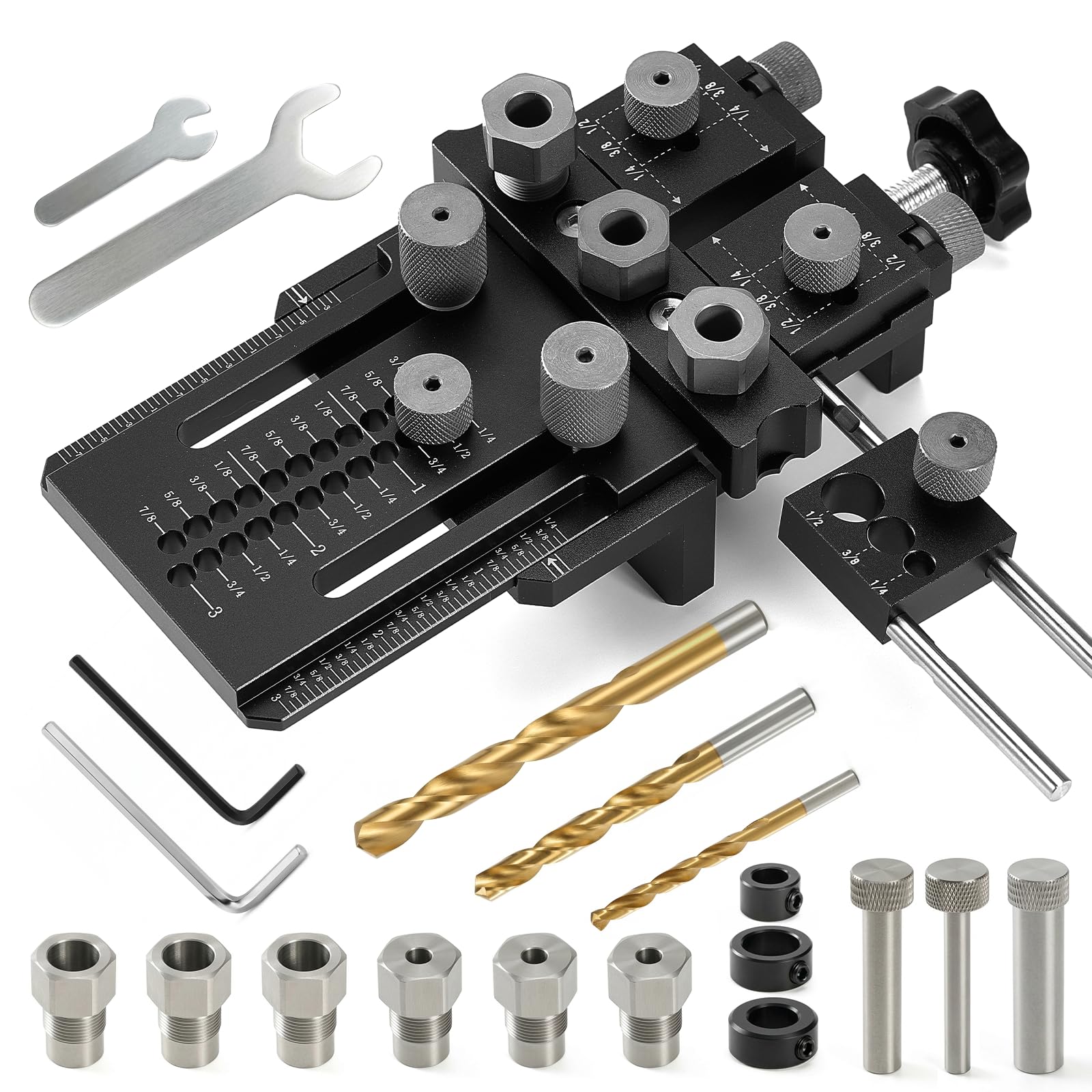 Photo 1 of Woodworking Dowel Jig Kit, Precision Drill Guide with 1/4 3/8 1/2 Inch Bushings & Drill Bits, Adjustable Doweling Jig for Straight Holes, Quick Clamp System for Furniture Cabinet DIY Wood Joints
