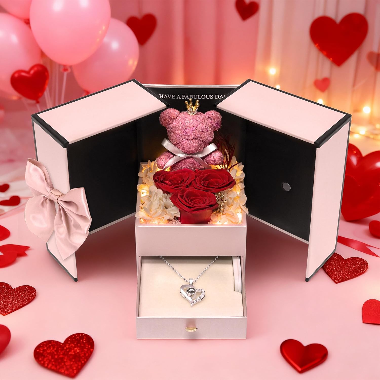 Childom Mothers Day Roses Gifts for Women Mom Grandma,Birthday Gifts for Women,3 Pcs Red Preserved Flowers with Rotating Light Up Rose Dome,Valentines Roses Flowers Gifts for Wife Girl Anniversary