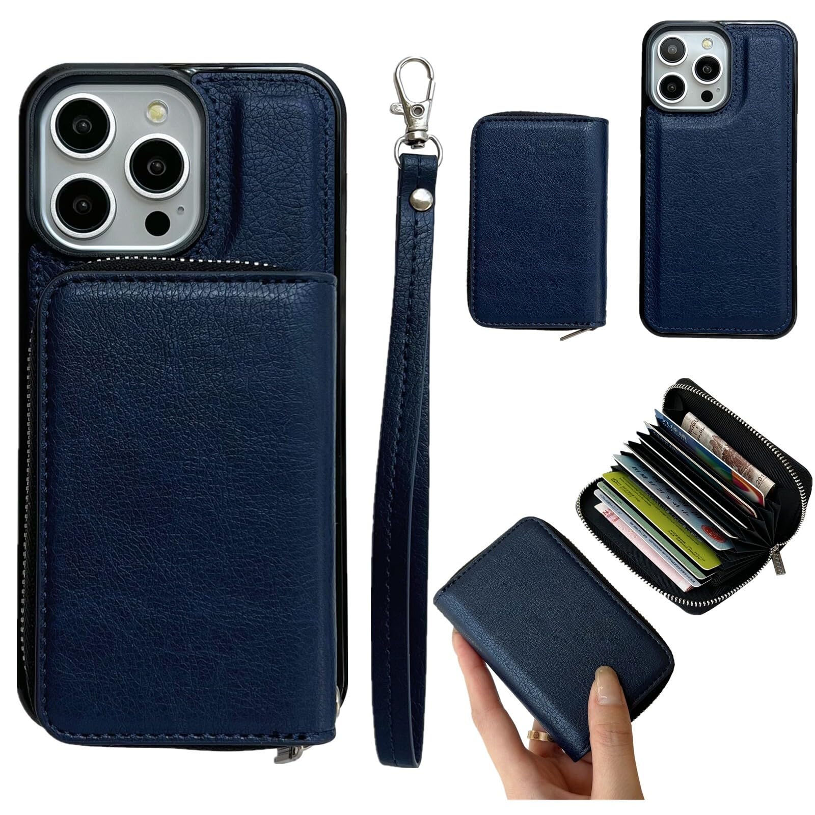 Étui iPhone 13 Pro Max bleu portefeuille cuir avec fermeture éclair et rabat