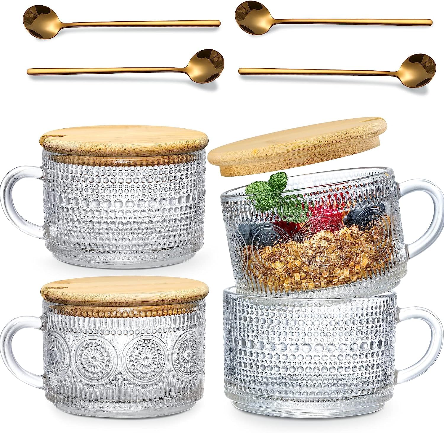 Vintage Coffee Mugs, 14 oz Glass Coffee Tea Cups with Lids and Spoons - Clear Embossed Aesthetic Mugs Cute Drinking Glasses for Latte, Cappuccino, Oat (4)