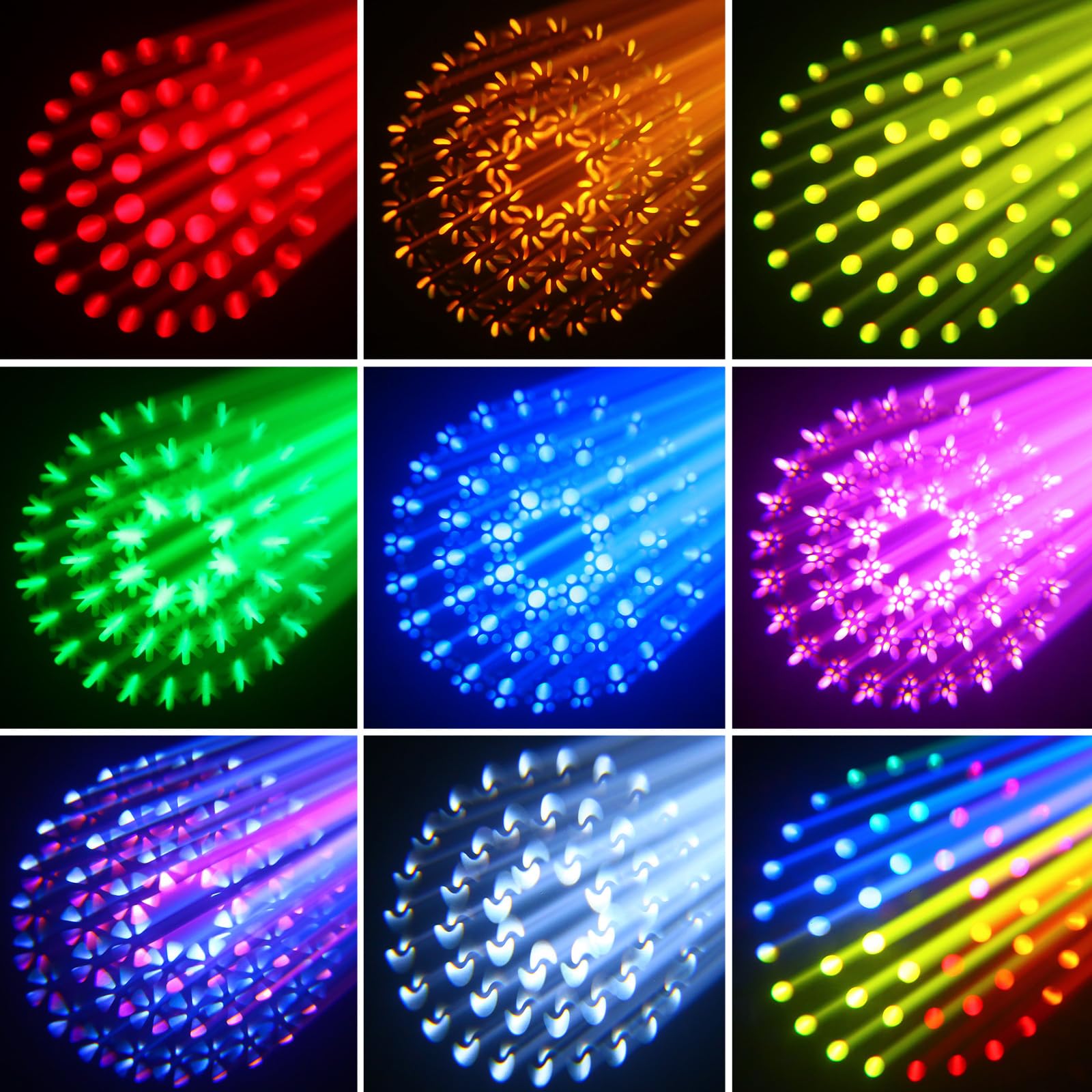 Luce a testa mobile con prismi a 16 sfaccettature, 13 Gobos, 14 colori RGBW, LED di messa a fuoco lineare, DMX 512 e attivazione sonora per eventi DJ, matrimoni, feste