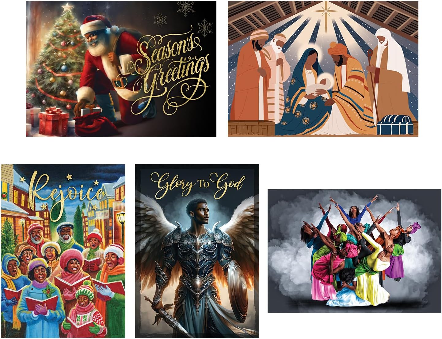 African American Religious Christmas Cards Boxed Set – 15 x 5×7 Holiday Greeting Cards with Foil‑Lined Envelopes & Gold Sticker Seals – Celebration of Faith