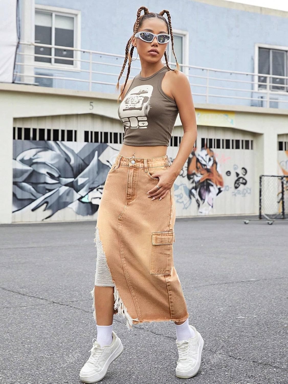 Womens Casual High Waisted Denim Midi Skirt Slit Frayed Raw Hem Cargo Jean Skirts with Pockets - Image 5