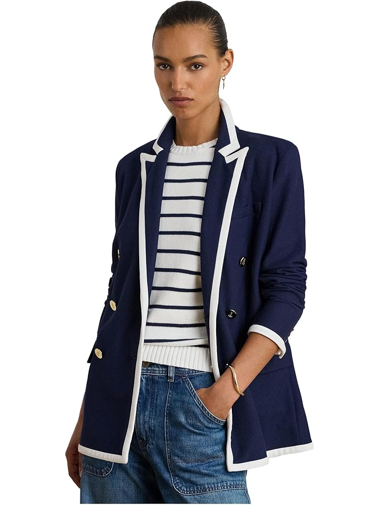 Navy Lauren Ralph Lauren Two-Tone Double-Breasted Piqué Blazer