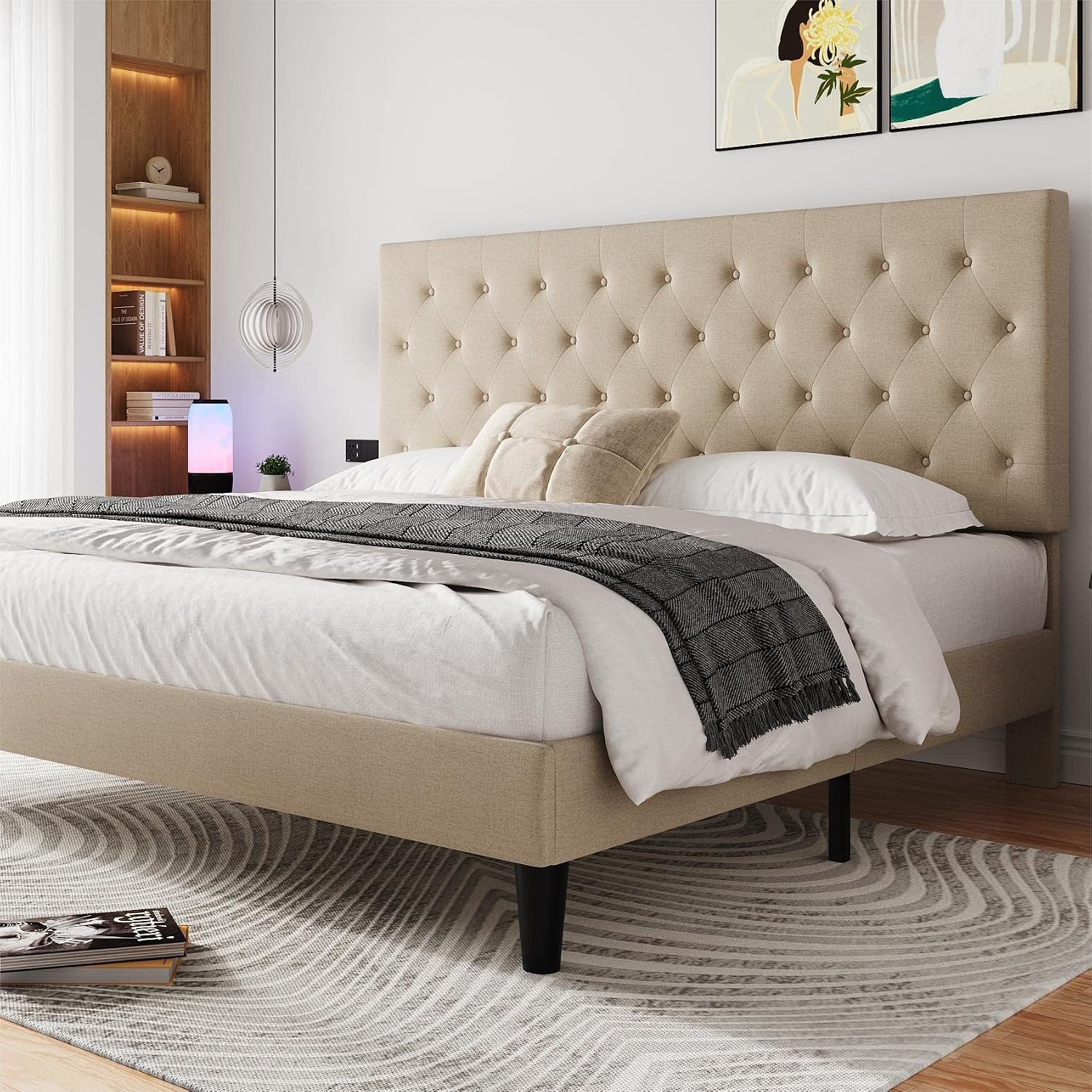 HOOMIC Queen Platform Bed Frame with Adjustable Diamond Tufted Headboard / Fabric Upholstered Bed Frame / Mattress Foundation / Wooden Slats / No Box Spring Needed / Easy Assembly, Beige
