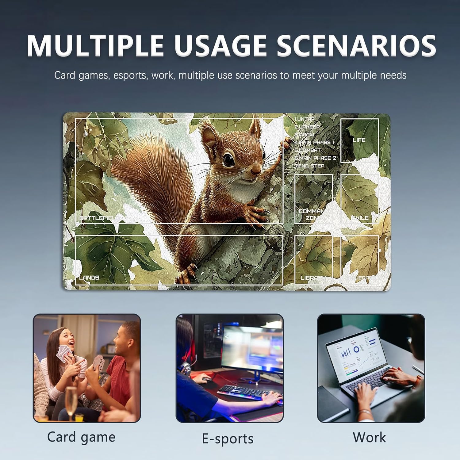 MTG Playmat Size 27.55x15.74in with Storage Bags Portable Playmat TCG and Board Game Mat for Cards Rubber Base Slip-Resistant Mousepad Desk Mat (Squirrel,with Zone)