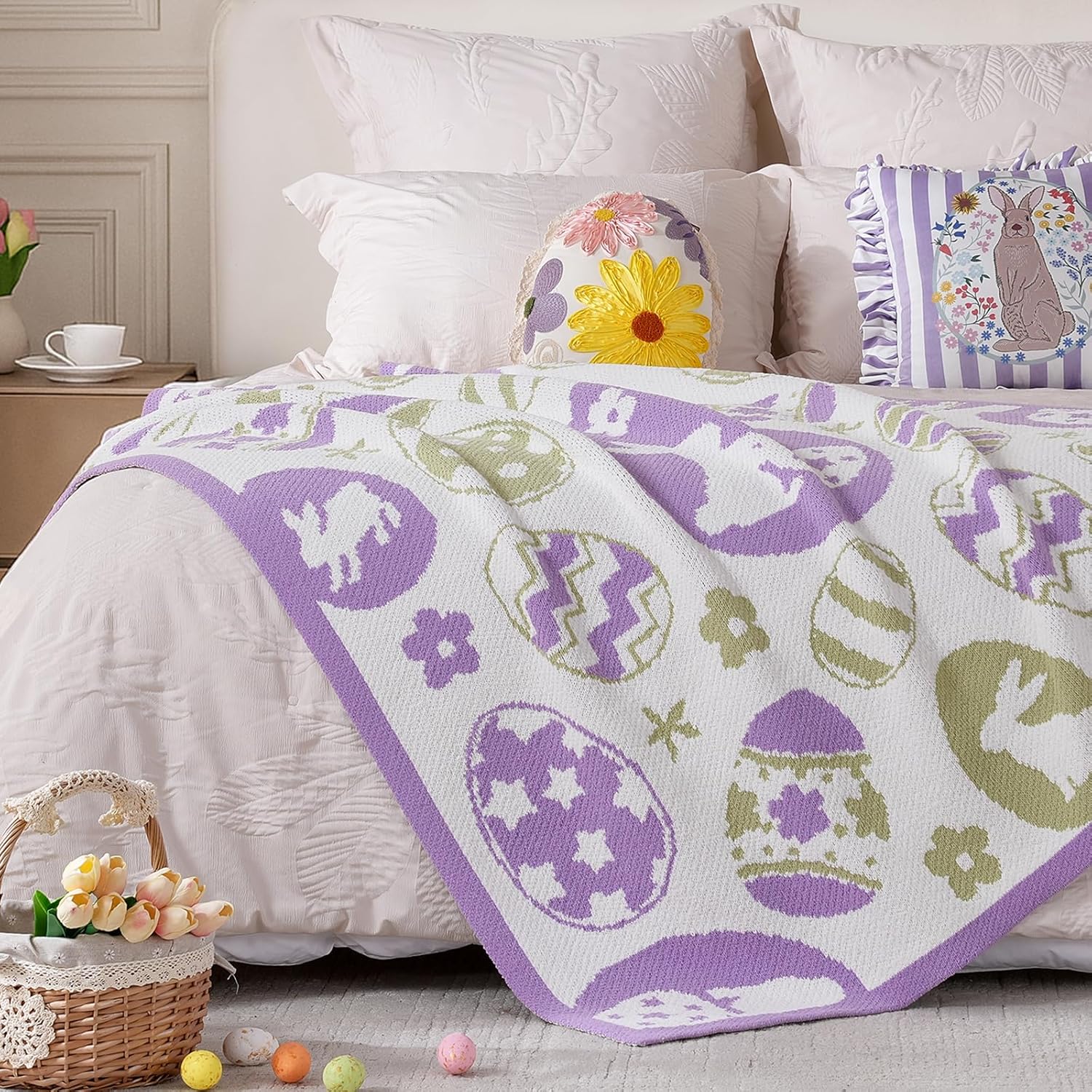 Amélie Home Easter Bunny and Eggs Chenille Knit Throw Blanket for Couch, Cozy Soft Spring Themed Blankets for Sofa, Bed, Gift, 50"x60", Purple/Green - Image 8