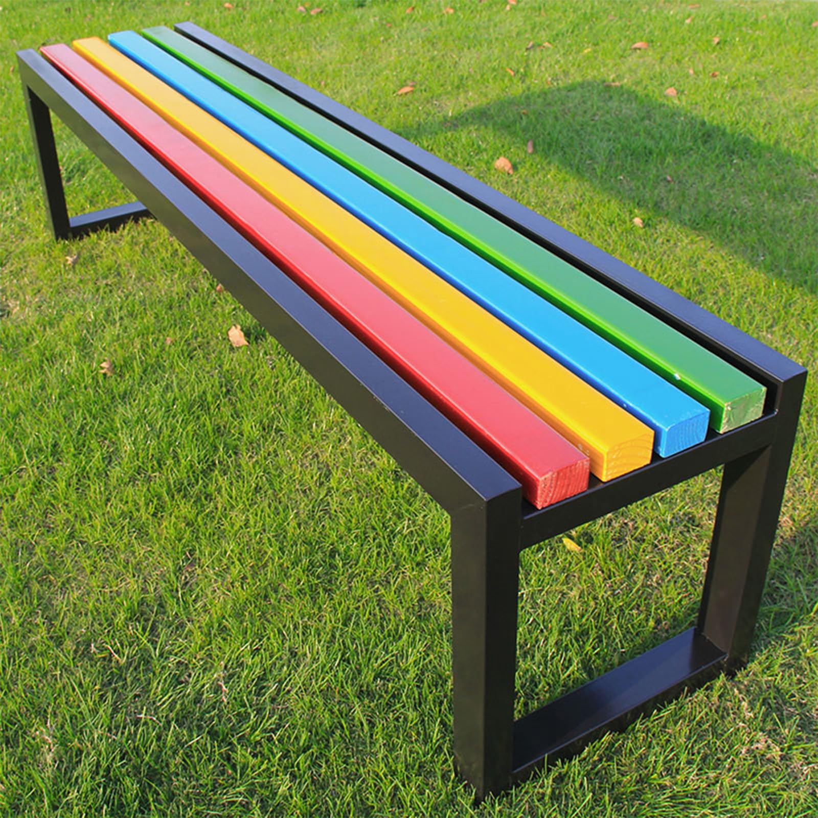 Panca da Esterno Mobili da Giardino Panchine da Patio Senza Schienale Panca da Giardino Metallo Legno Duro Ghisa(Black+Rainbow -150×40×45cm)