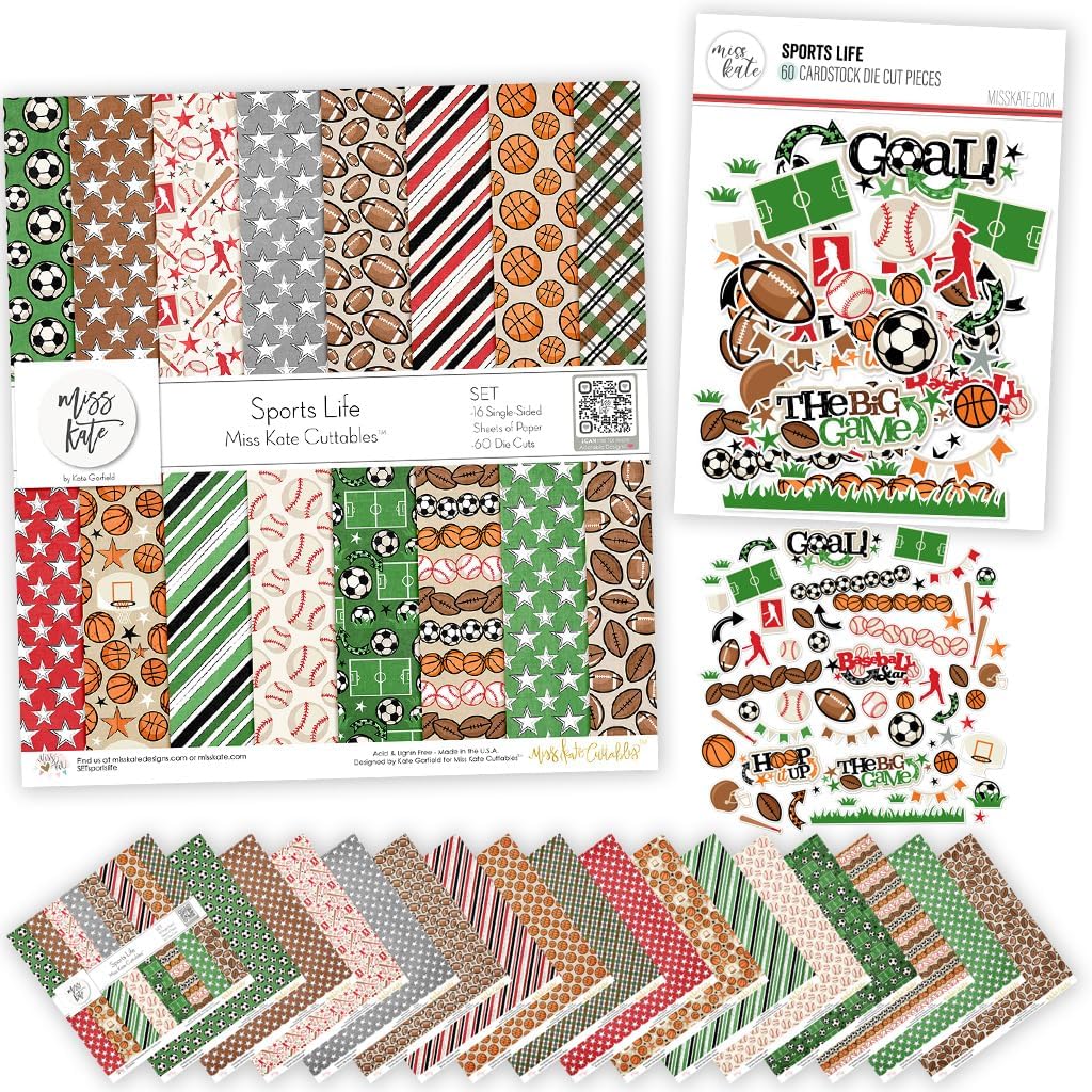 Die Cuts & Paper Set - Sports Life - by Miss Kate Cuttables - 16 Single - Sided 12"x12" Premium Specialty Paper Sheets & Over 60 Coordinating Die Cuts