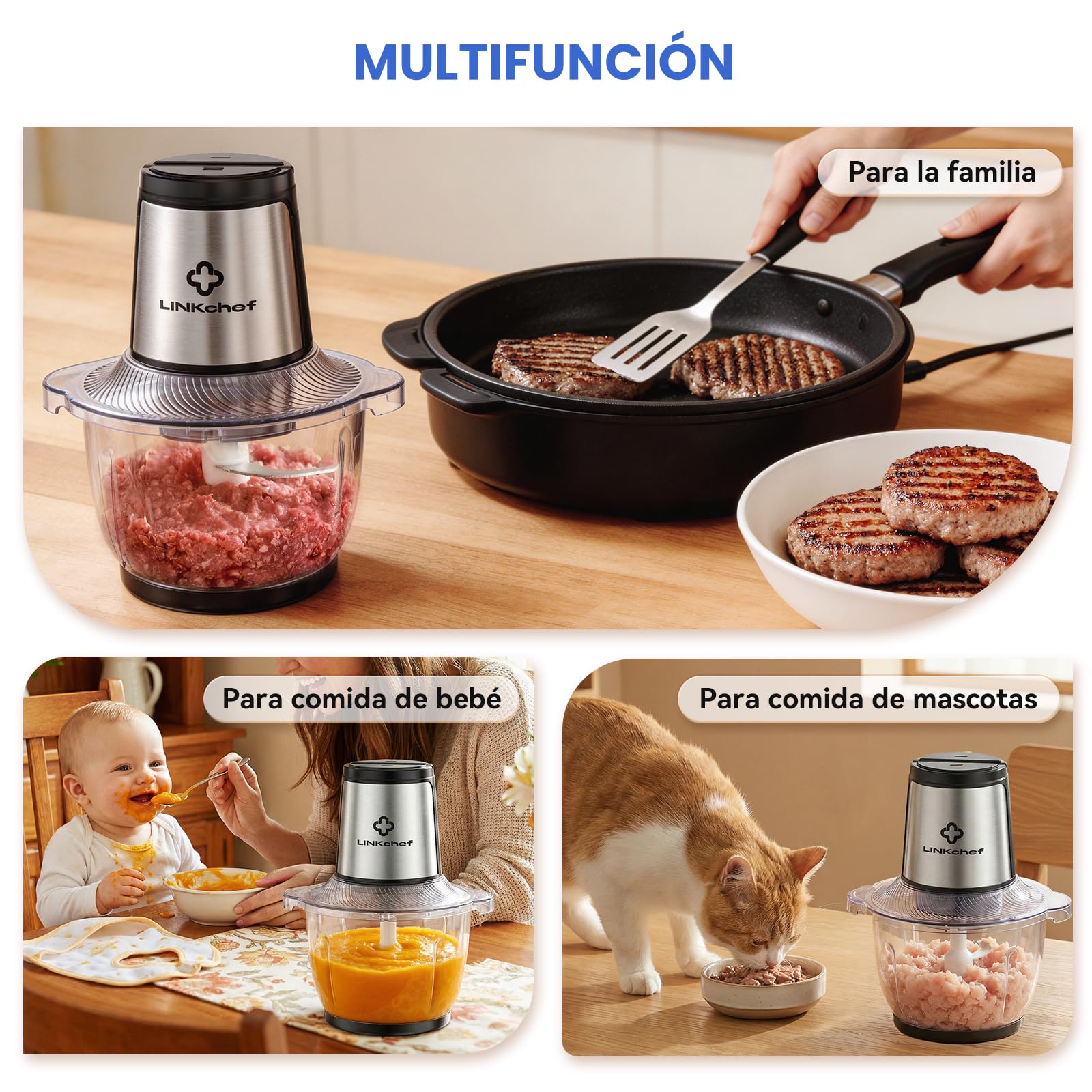 LINKChef Picadora Eléctrica 1,5L Vaso de Vidrio, 2 Velocidades, Cuchillas de Acero Inoxidable de 3 Niveles – Mini Procesador de Alimentos para Carne, Verduras, Frutas, Frutos Secos y Comida para Bebé