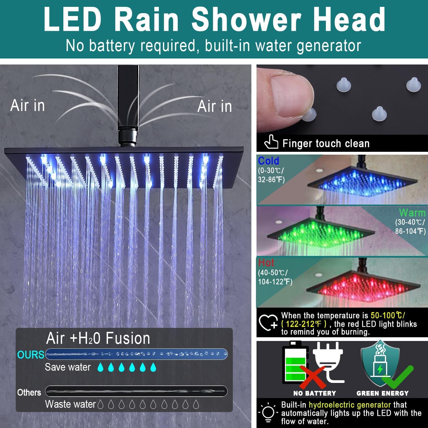HOMEDEC 16" LED Ceiling Mounted Rain Shower System, 3-Way Thermostatic Diverter Valve with 6 Body Sprays, All Functions Work Simultaneously, Black