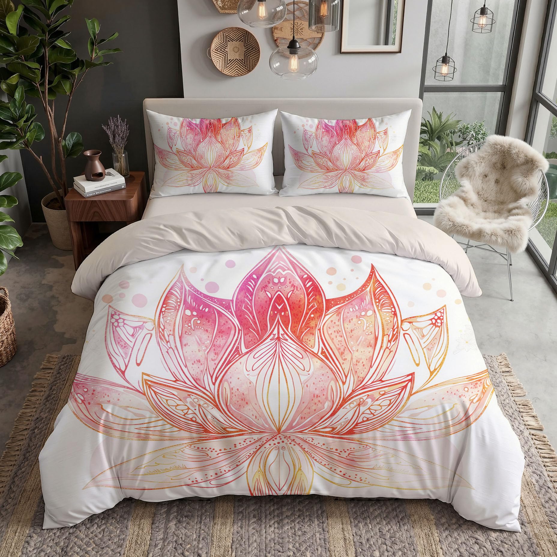 Nationales Mandala Bettwäsche Set 155x220cm 3 teilig | Aquarell-Lotus Weiche Mikrofaser Wendebettwäsche, 1 Deckenbezug mit 2 Kissenbezug 80x80 cm