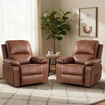 360 Swivel Rocking Leather Recliner Chair Set of 2, Overstuffed Manual Recliner with Spring Cushion, Glider Rocking Nursery Single Sofa with Side Pockets for Living Room, Camel