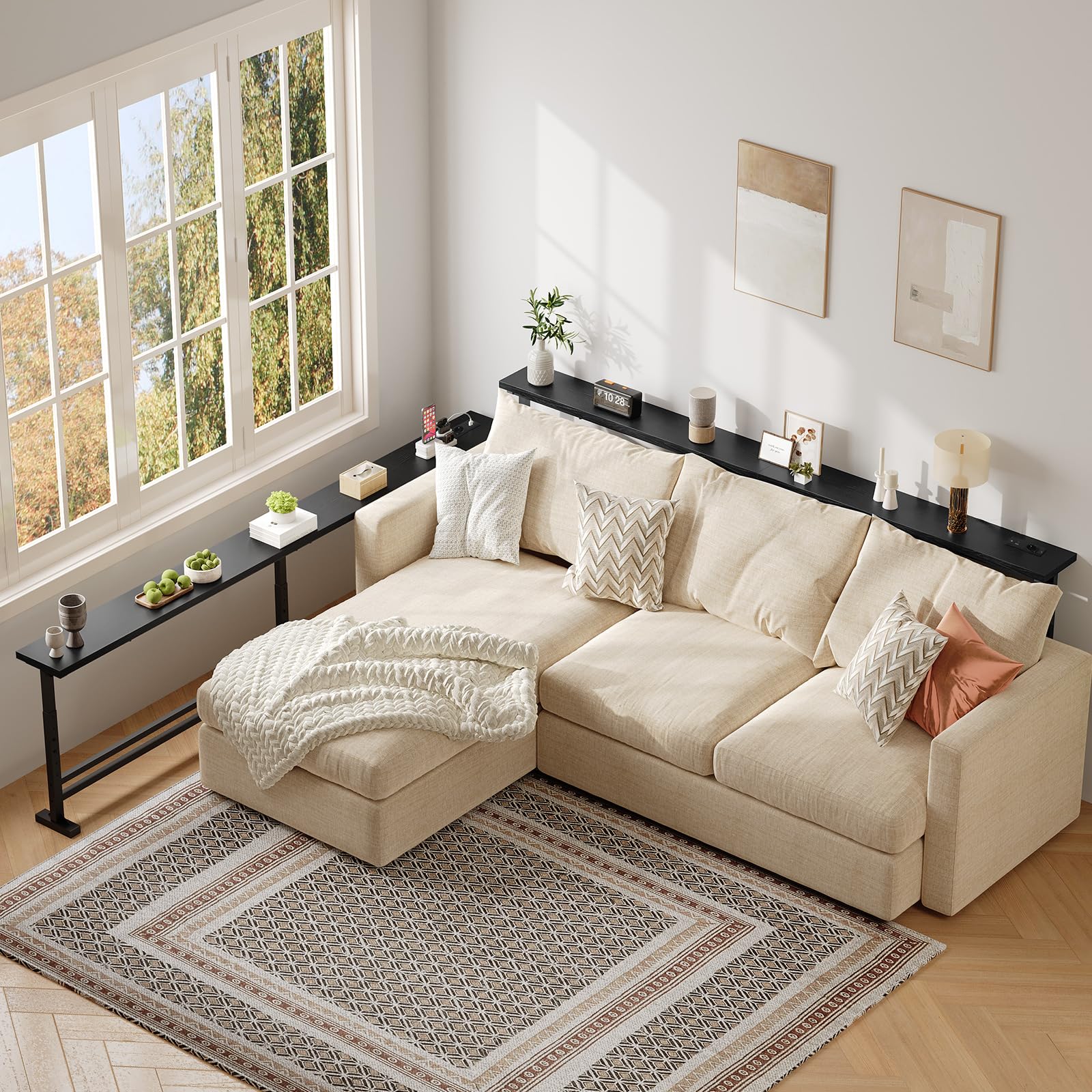 YATINEY Konsolentisch schmal, schmaler Flurtisch, 200 cm Langer Eingangstisch, 1 AC, 1 USB-A, 1 Typ-C, für Wohnzimmer, Flur, Eingangsbereich, Schwarz XCT09CBB