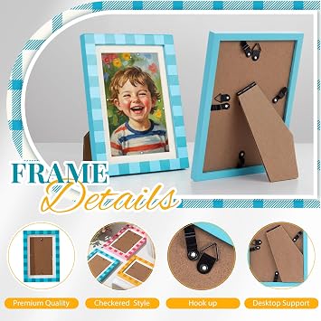 Vicenpal 3 Pack 4x6 Inch Checkered Picture Frames Wooden Photo Frame Set Colorful Retro Tabletop Wall Hanging Display Orange Pink Blue for Family Photos Desk Shelf Dorm Room Home Decor Gift