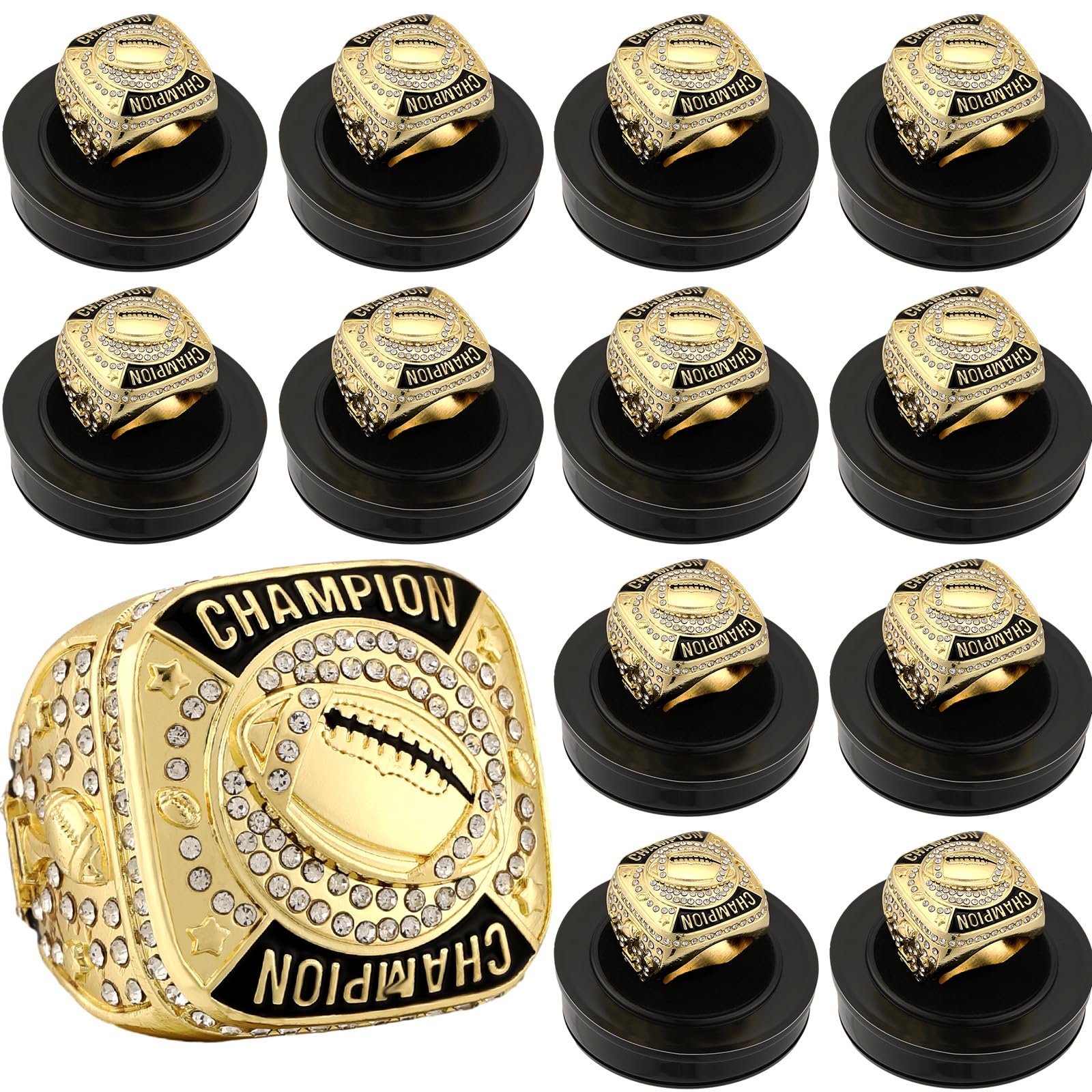 Landical 12 Pcs Gold Football Championship Rings Ball Games Championship Trophy Rings Sport Ball Award Gift with Display Neck Chain and Stand for Tournament or League Champion Winner