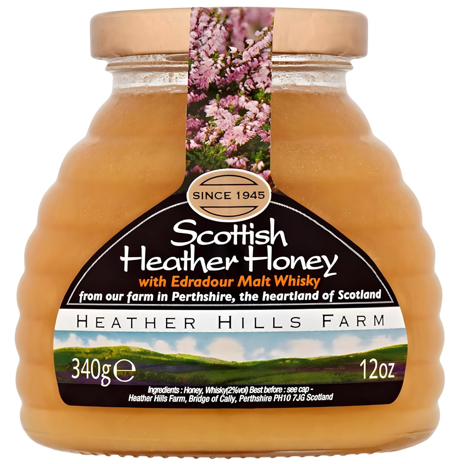 Heather Hills Farm Scottish Heather Honey with Whiskey 340g (12oz) - Highland Heather Honey Infused with Scotch Whiskey, Authentic Scottish Food Gift, Imported Gourmet Spread Made in Scotland
