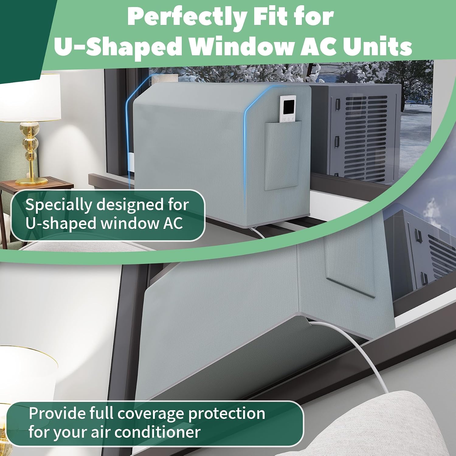 Indoor Air Conditioner Cover for U-Shape Window AC Units,Full Covered With Side Bag for Remote and Cable Storage,Air Conditioner Cover U AC Indoor Unit,Block Dust and Cold Draft,Grey