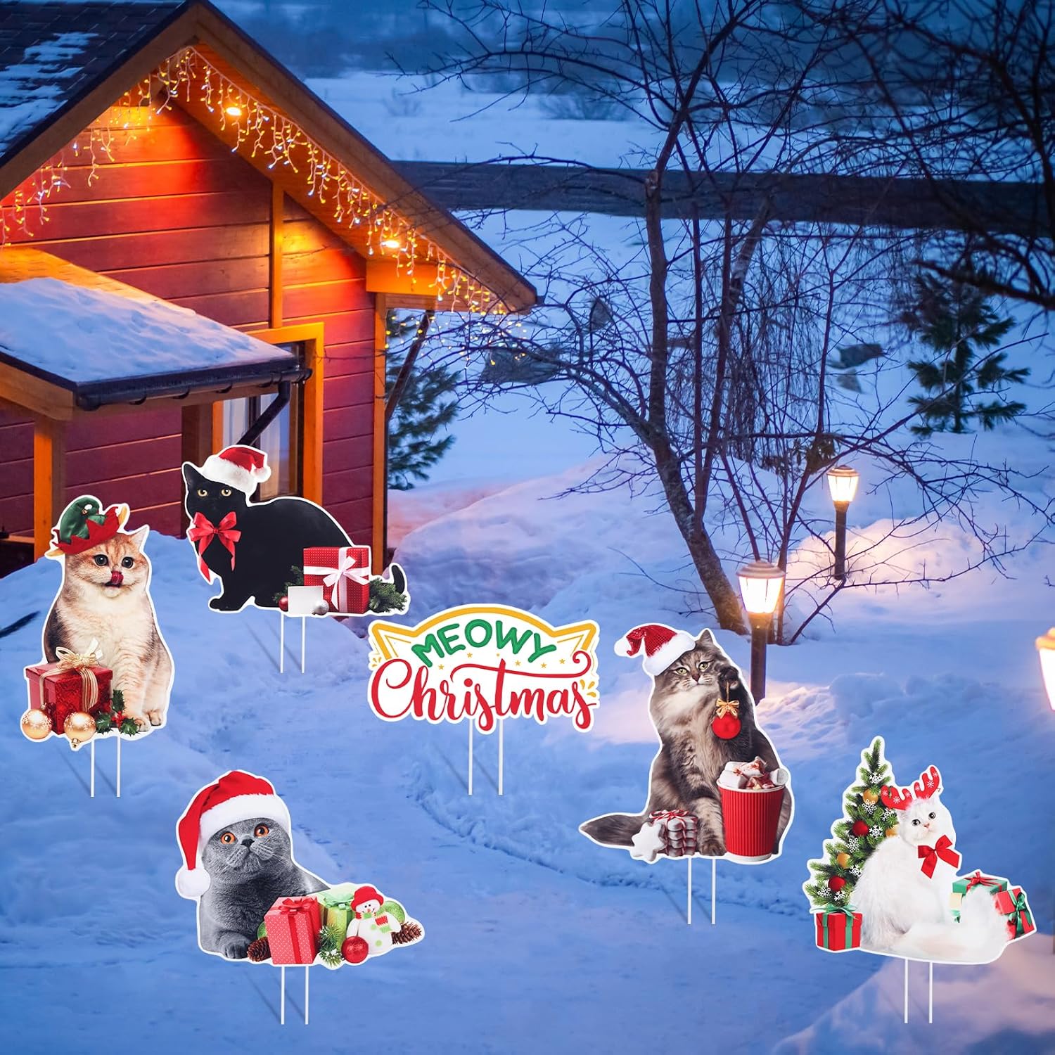 Suzile 8 Pcs Cat Yard Signs with Stakes - Merry Christmas Lawn Signs, Pet Theme, Waterproof Christmas Yard Decorations for Holiday Garden Patio