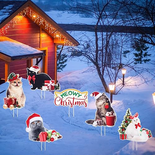 Miniatura 7 de Suzile 8 carteles de Navidad para patio con estacas de gato con estacas, letrero de césped de Navidad con temática de mascotas, estacas de Navidad
