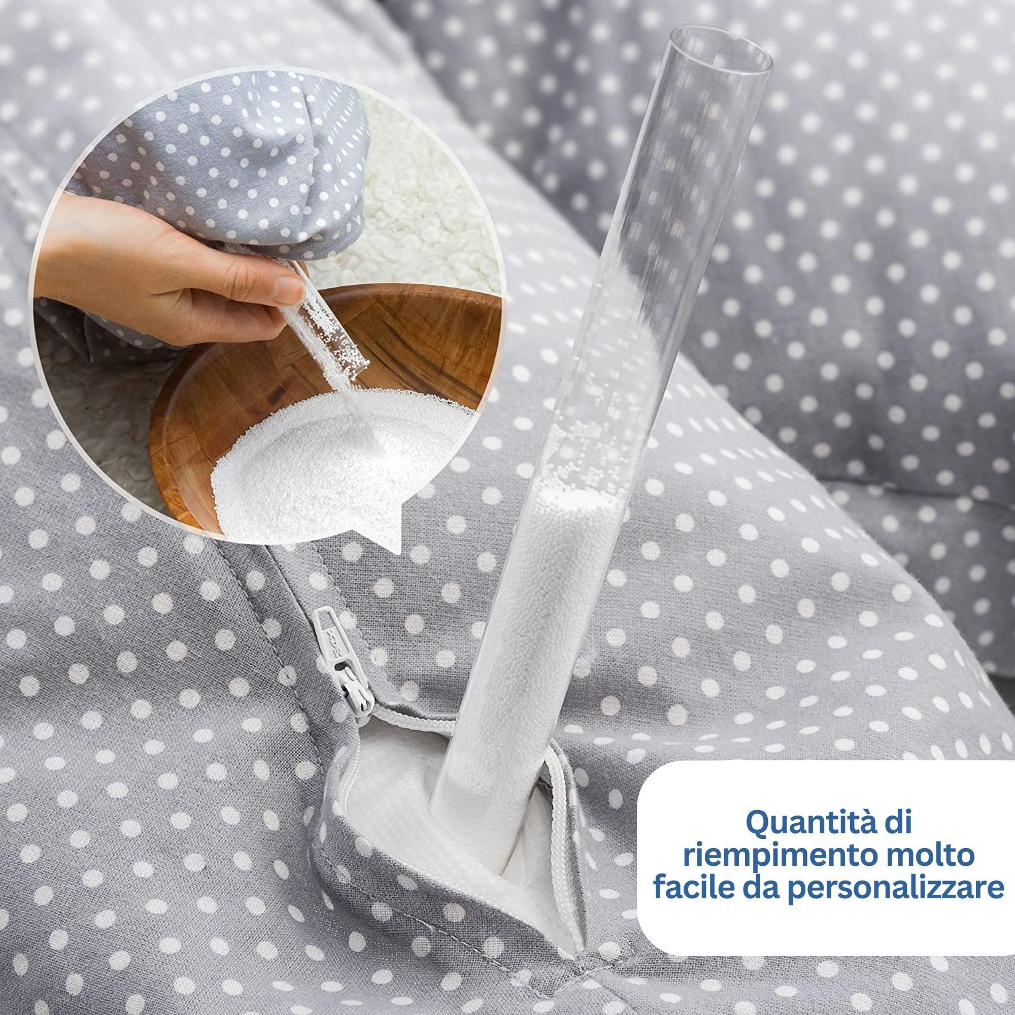 Theraline - Cuscino Allattamento e Gravidanza 180 cm, fodera 100% cotone. Imbottitura in Perle EPS, Testato, Lavabile in Lavatrice - (Grigio Pois)