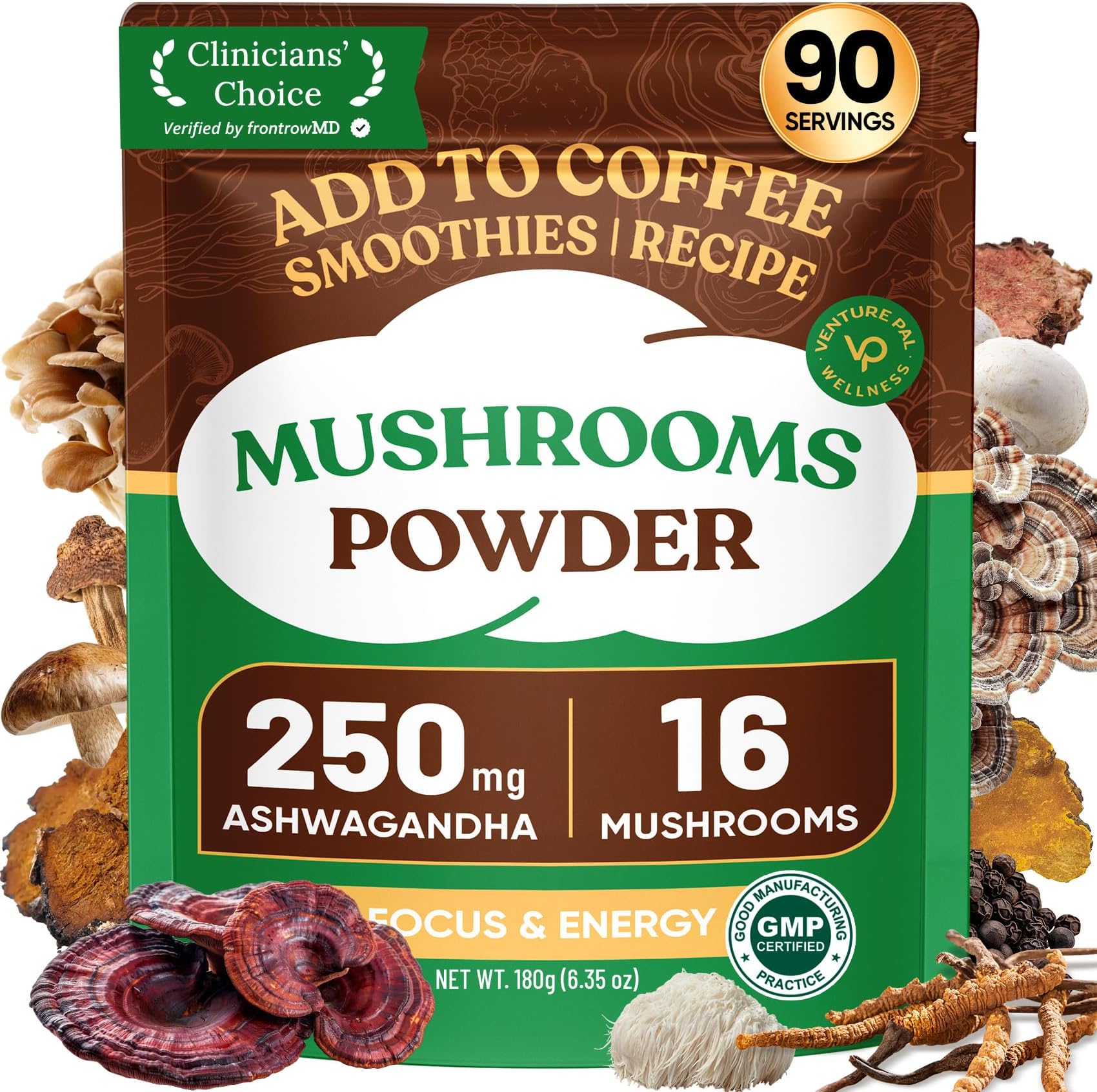Venture Pal 16 in 1 Mushroom Powder (90 Servings) - 1,730mg Mushroom Coffee Alternative with Ashwagandha, Lionโs Mane, Chaga & More | 100% Fruiting Bodies | Support Immune, Focus & Energy