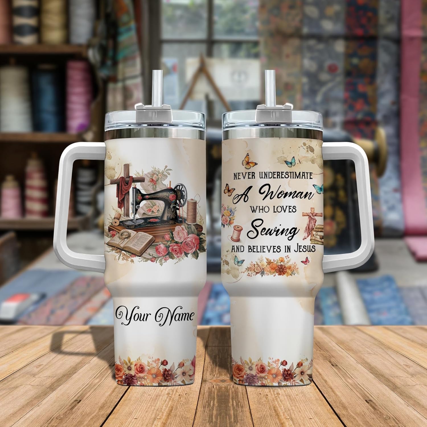 Personalized 40oz Sewing Tumbler, Custom Name Coffee Tumbler For Women, Stainless Steel Vacuum Insulated Water Bottle With Handle, Gift For Sewer, Sewing lover supplies (06)