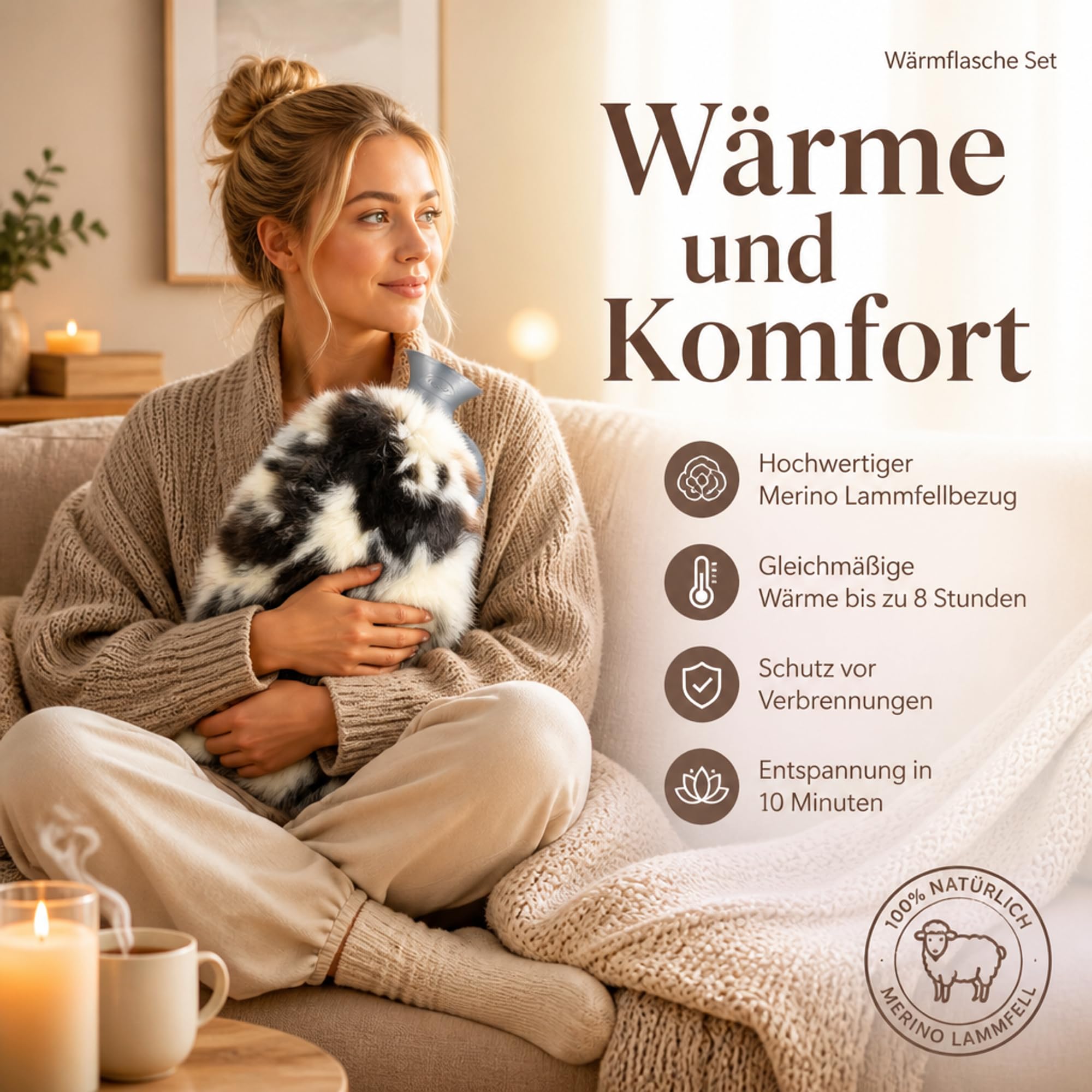 Fashy Merino Lammfell Wärmflasche 2,0 L – Kuschelige Wärme – Echtes Schaffell-Bezug