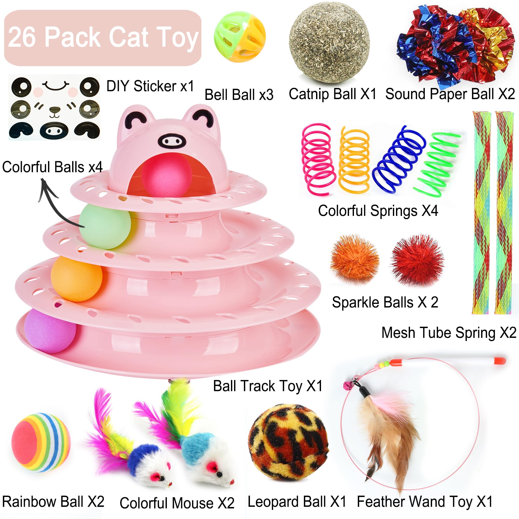 Suhaco 26 PCS Interactive Cat Toys for Indoor Cats Roller 4 Level Track Kitten Toys with 4 Colorful Balls Self Play Kitty Ball Toys Feather Wand Pet Toys for Boredom (Pink) - Image 2
