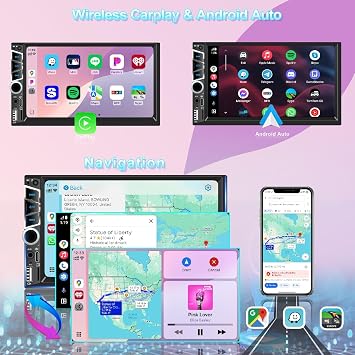 Wireless Apple Carplay 7 Double DIN Car Stereo IPS Touch Screen Car Bluetooth 5.2 Car FM Radio Bakcup Camera Subwoofer Ports Car Audio Receiver Android Car