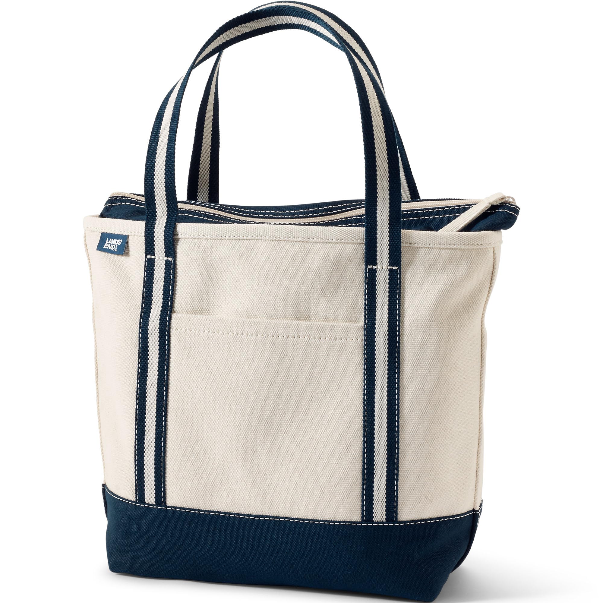 Lands' End Zip Top Canvas Tote Bag | 100% Cotton Canvas, Five Pockets, Key Strap, Water-Resistant Base, Stands Upright, Beach Bag, Travel Tote, Grocery Tote Natural/Navy Stripe Medium Regular Handle