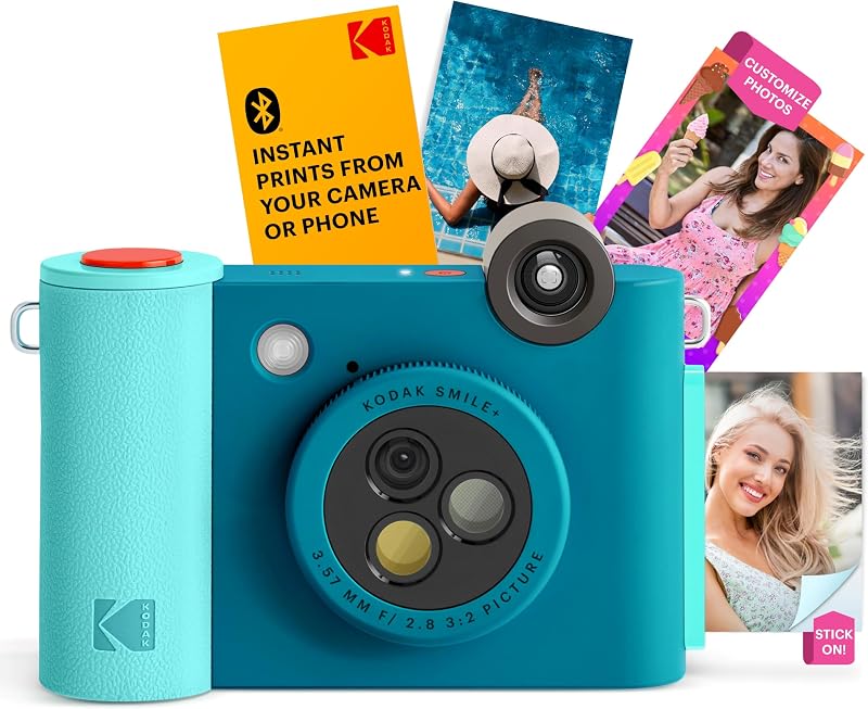 Smile+ 2-in-1 Digital Instant Print Camera & Wireless Bluetooth Photo Printer - 10MP, Special-Effect Rotating Lens, Zink 2x3” Sticky-Back Photos, Print via Fun App from Smart Devices - Blue