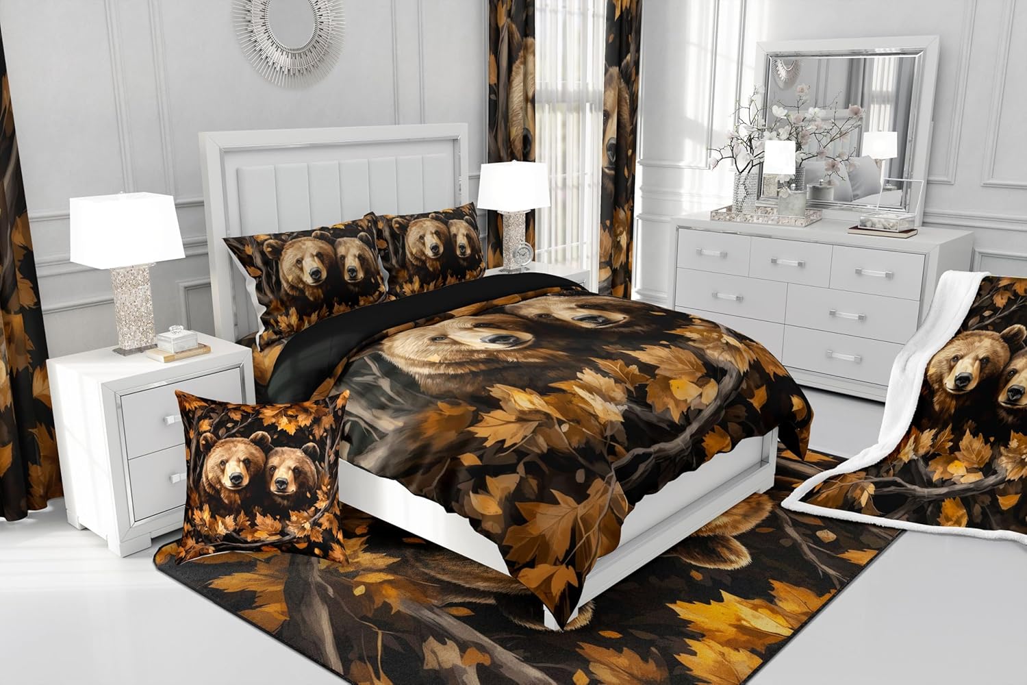 jejeloiu Bear Cushion Case 24 x 24-Inch Set of 2 Kids Nature Wildlife Leaves Throw Pillow Covers for Boys Girls Teens Orange Brown Decor Pillowcase