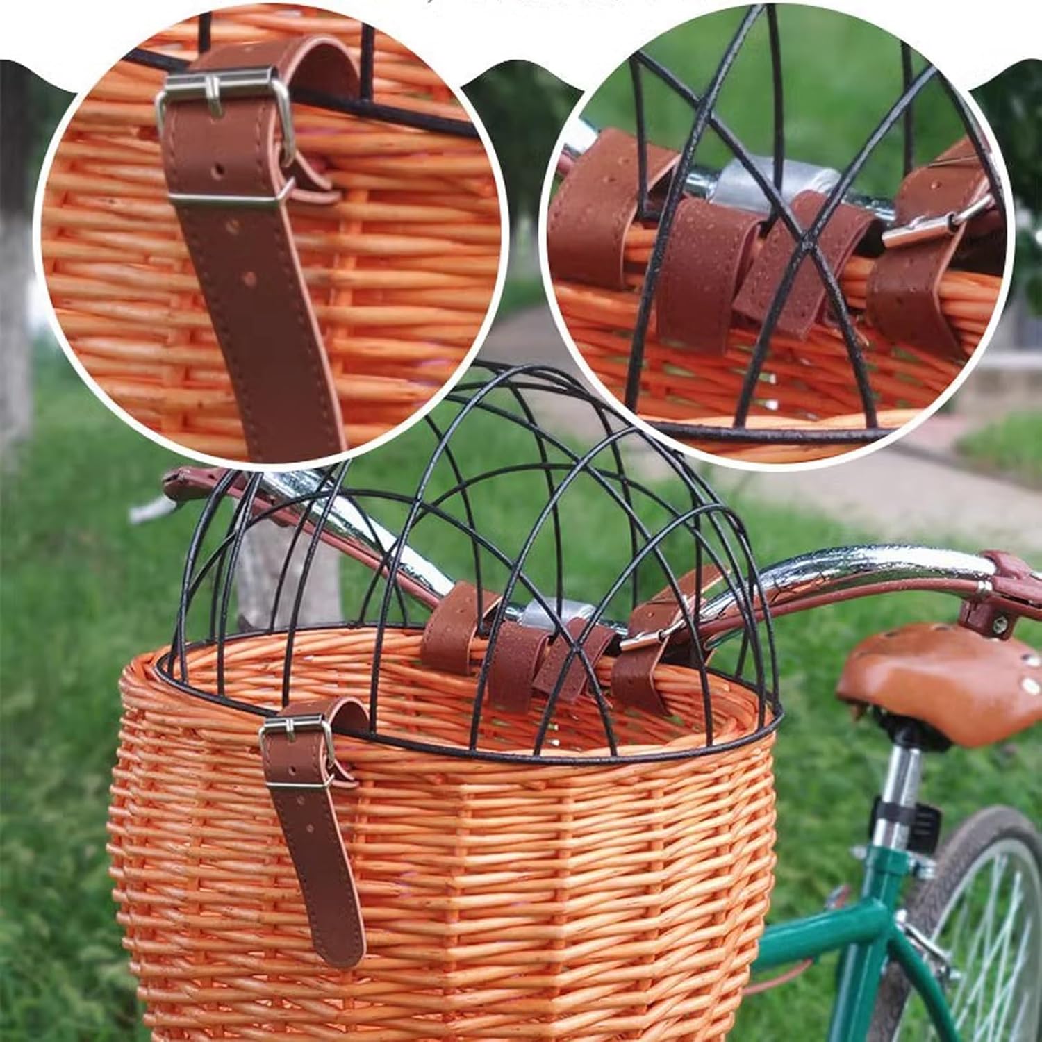 Pet Bicycle Wicker Basket, Bike Basket for Dogs, Wicker Bike Basket for Small Dogs Cats Pet Carrier Front Basket with Wire Mesh Cover
