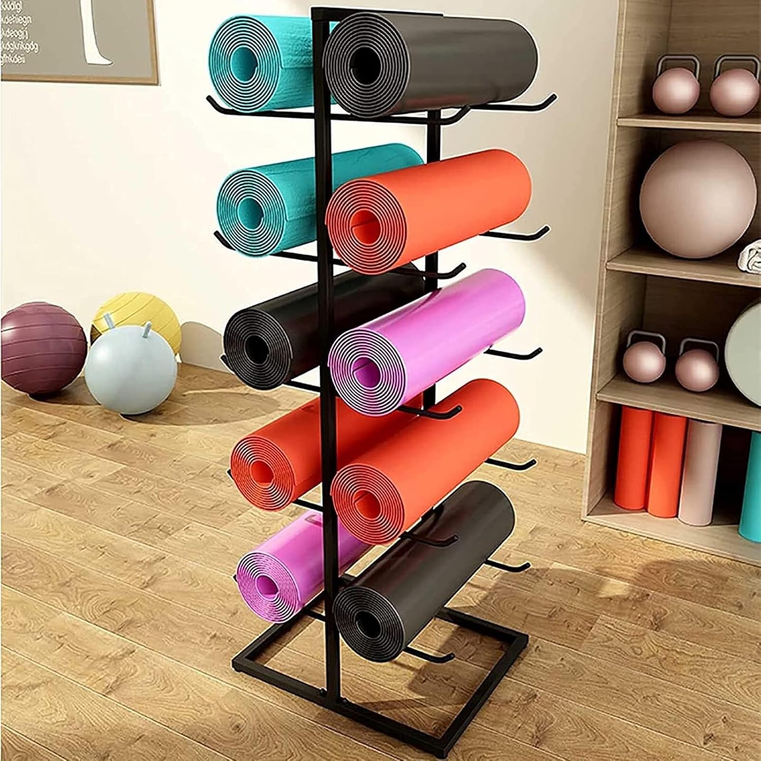 Floor-Standing Yoga Mat Rack with Sturdy Base, Metal Storage Organizer for Home Gym, Foam Roller & Exercise Mat Holder (Type 8, 60x40x130cm)