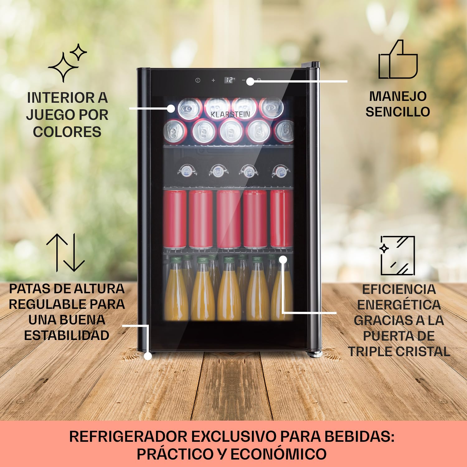 KLARSTEIN Mininevera con puerta de cristal y led, mininevera para habitaciones, nevera pequeña para bebidas con 3 estantes extraíbles, nevera pequeña 70L, de interior/exterior silenciosa, 0-22 °C