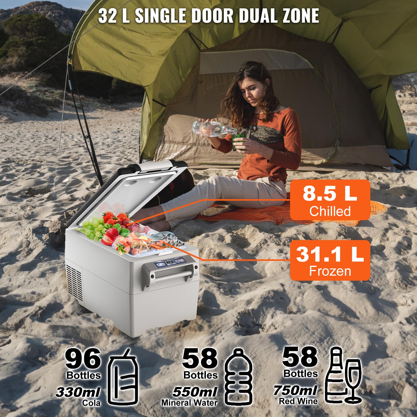 VEVOR Lodówka samochodowa, 12 V, przenośna, 32-litrowa zamrażarka z dwoma strefami, regulowany zakres od -4 ℉ do 50 ℉, 12/24 V DC i 100-240 V AC chłodnica kompresorowa na zewnątrz