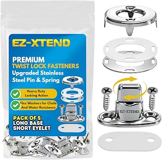 EZ-Xtend Premium Twist Lock Fasteners Kit (Long Base & Short Eyelet 5 PK) | Nickel Plated Brass Turn Button Fasteners, Stainless Steel Screws for Canvas, Marine Grade