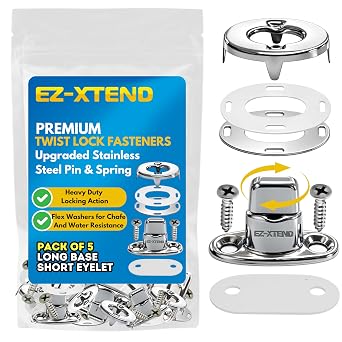 EZ-Xtend Marine Grade Premium Twist Lock Fasteners-Nickel Plated Brass Turn Button Fastener Kit with Stainless Steel Screws for Canvas, Marine Fastener Turn ButtonsLong Base & Short Eyelet 5 PK