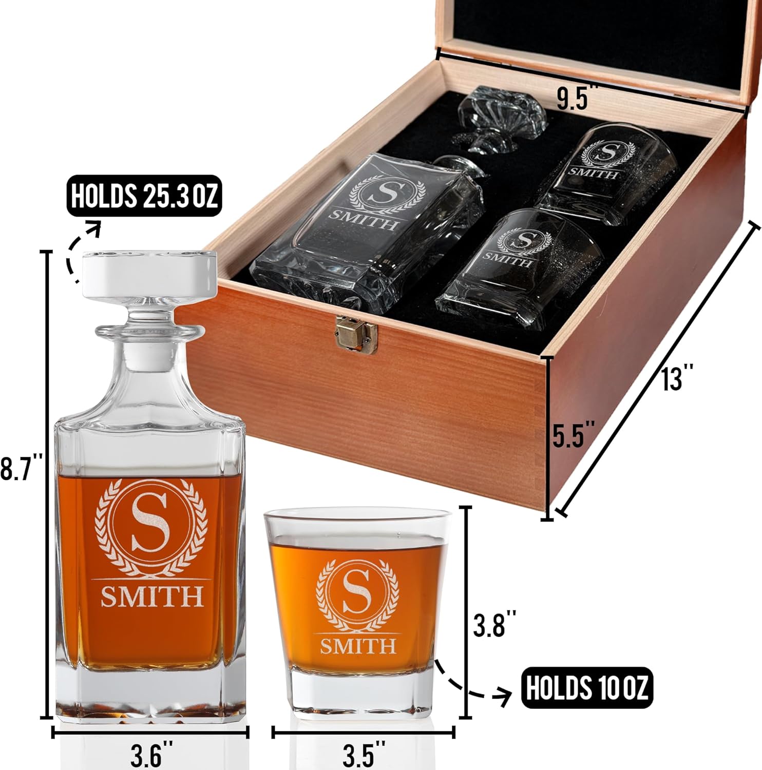 Personalized Whiskey Decanter Set with 25oz Square Decanter, 6 Design Options, Custom Liquor Glass Set, Wood Gift Box Options, Gifts for Men, Husband, Dad, Father's Day, Birthday, Retirement, Wedding