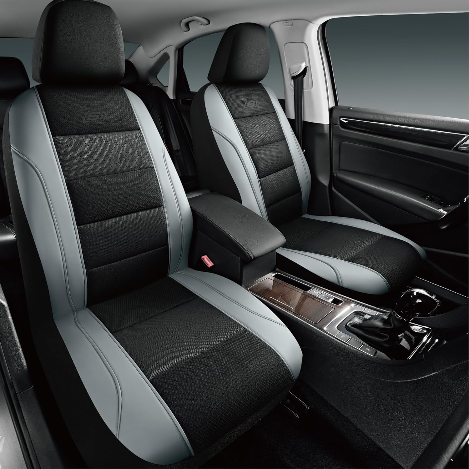 Skechers Aircooled & Memory Foam Car Seat Covers,Premium Leather with EVA Mesh Seat Covers, Front car seat Protector, Airbag Compatible, Automotive Comfort for Most Cars, Vans, Trucks, SUV,Gray
