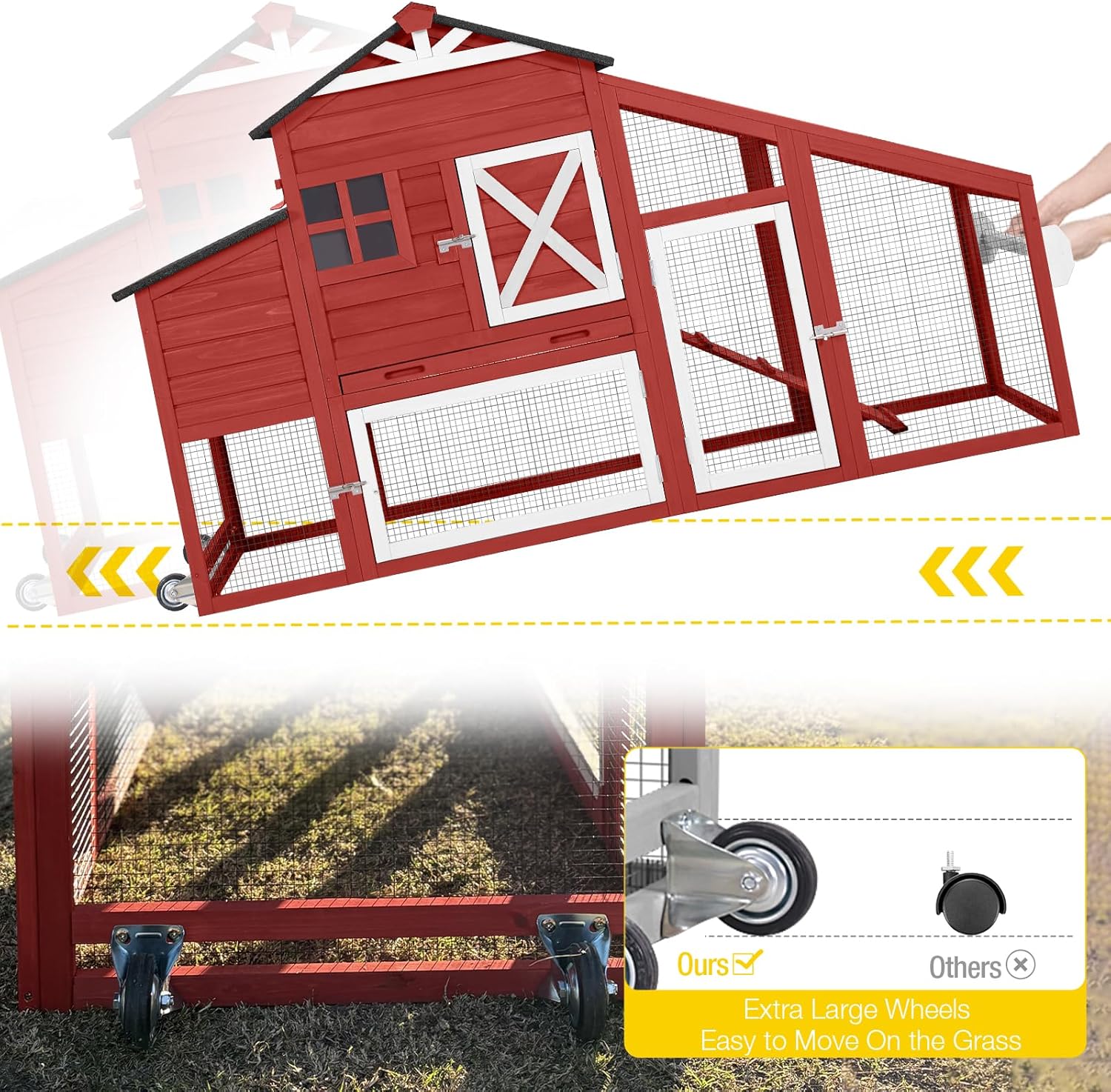 Aivituvin Chicken Coop Mobile Hen House on Wheels Wooden Poultry Cage Rabbit Hutch with Nesting Box,Leakproof Pull-on Tray