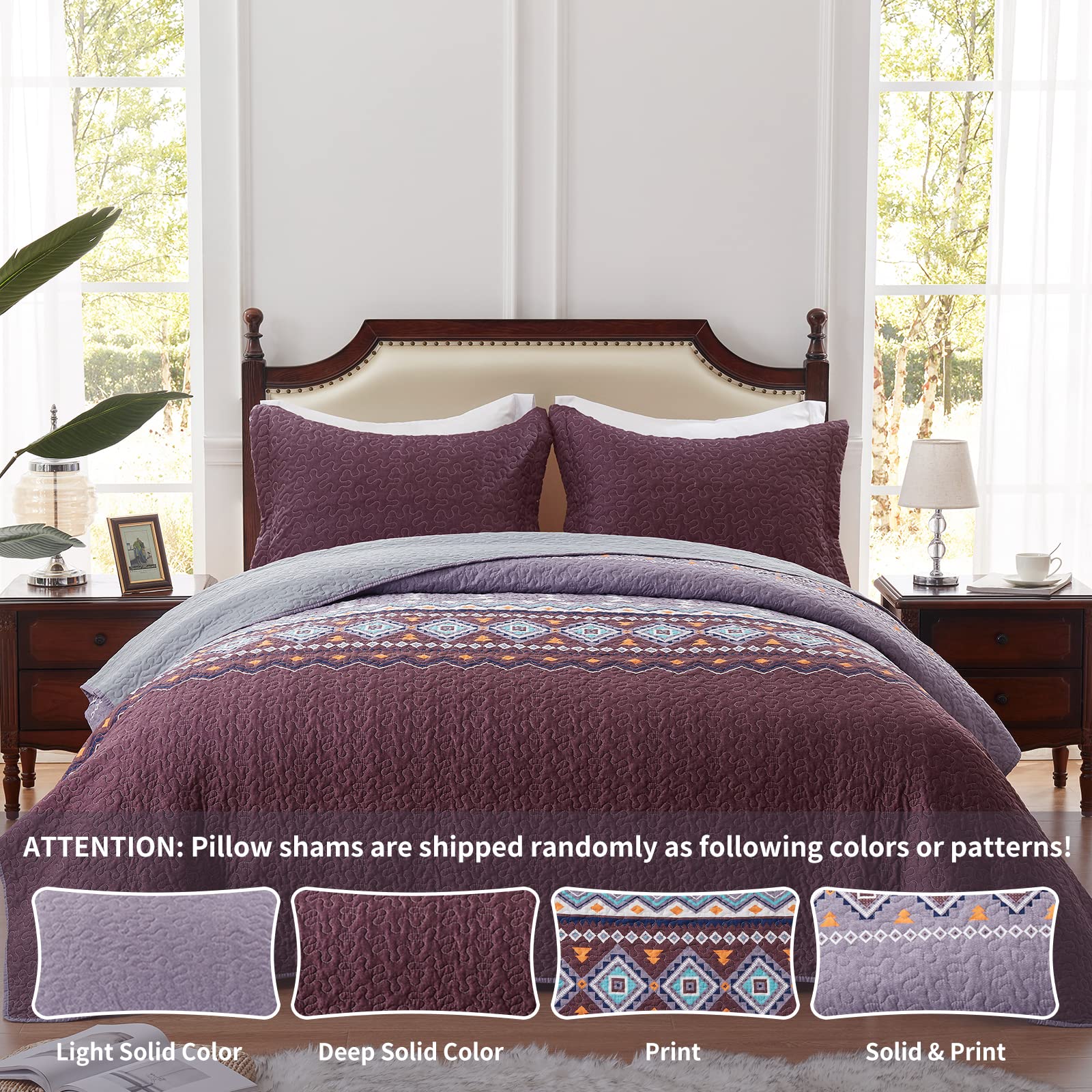 LEAONME Quilt Set Full/Queen Size 3 Piece Bedspread Coverlet Lightweight Comforter Microfiber Reversible Bedding Set All Season Oversized 90x98 Inch Bed Cover Bohemian Purple(1 Quilt,2 Pillow Shams)