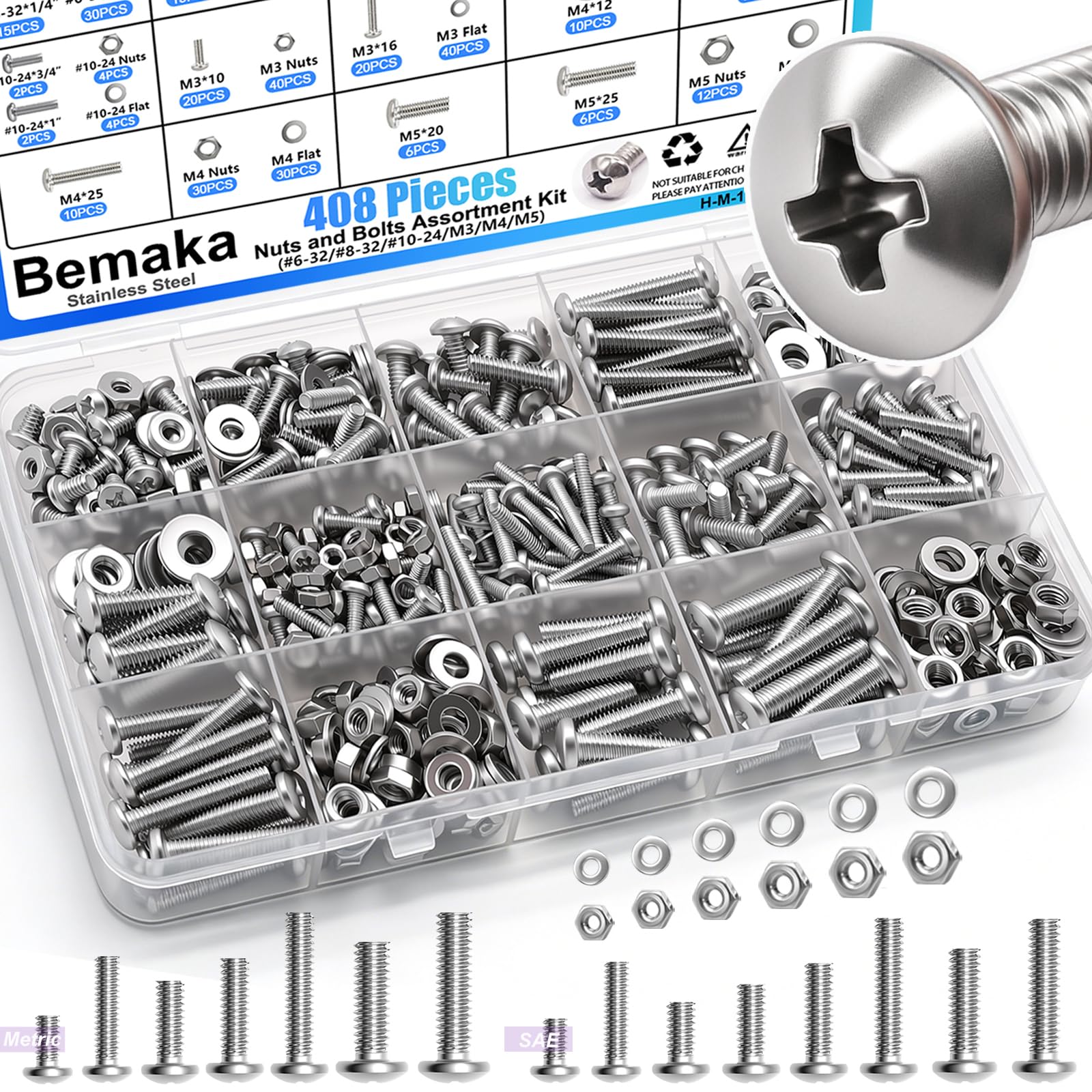 1287Pcs Nuts and Bolts Assortment Kit, 304 Stainless Steel Bolts Machine Screws Hardware Assortment Kit, Metric & SAE Phillips Pan Head Screws, Assorted Bolts, Nuts and Washers Kit — Amazon image 17