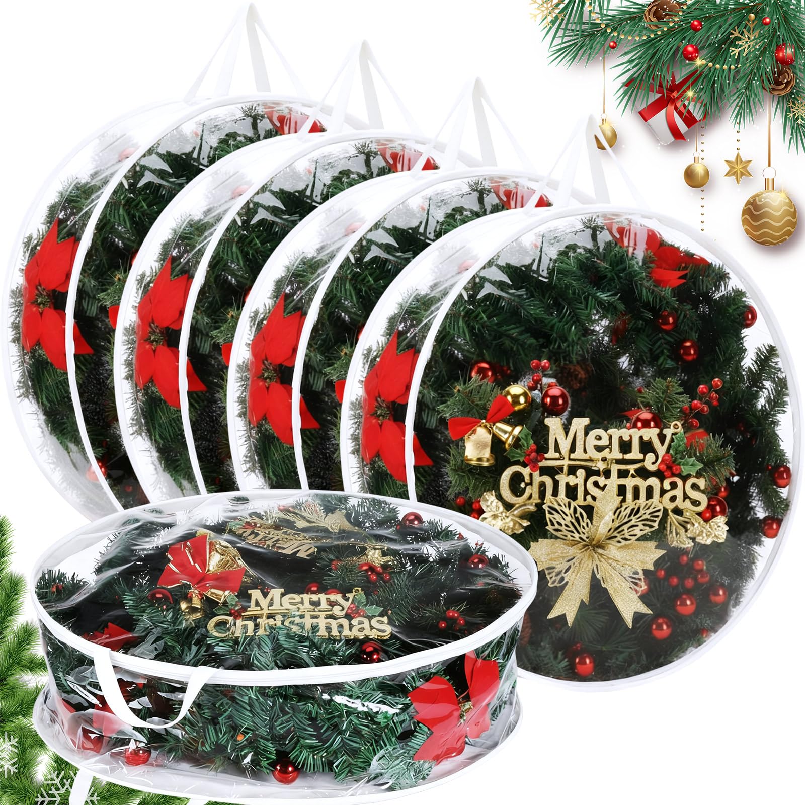 Shappy 6 Pcs Clear Christmas Wreath Container 24 Inches Xmas Storage Bag
