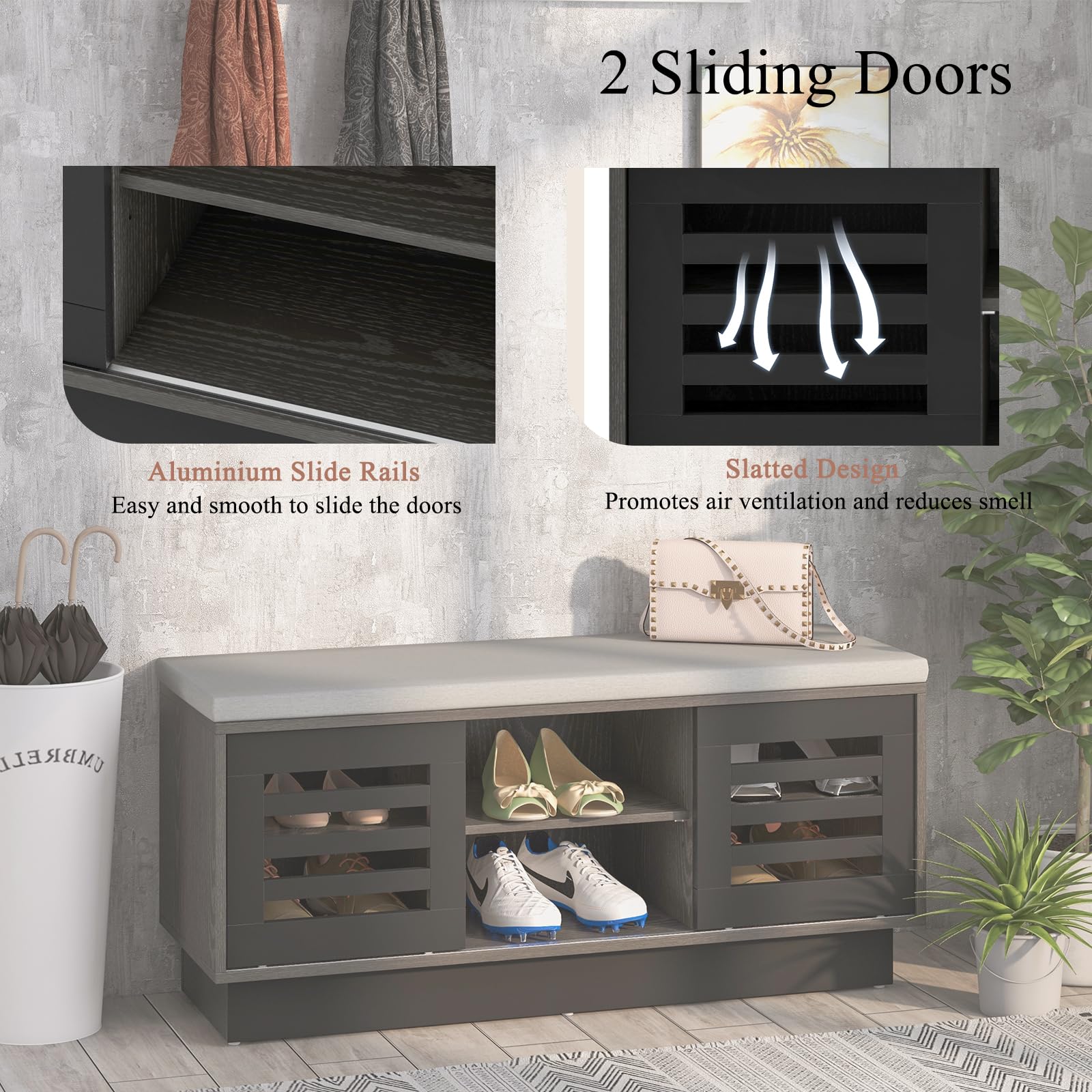 HOMASIS Panca Scarpiera con Cassetti, Portascarpe Ingresso con Seduta Imbottita, Scarpiera con 3 Ripiani Regolabili e 2 Ante Scorrevoli, Panchetta in Legno per Corridoi, 99,5 x 34,5 x 46 cm (Nero)