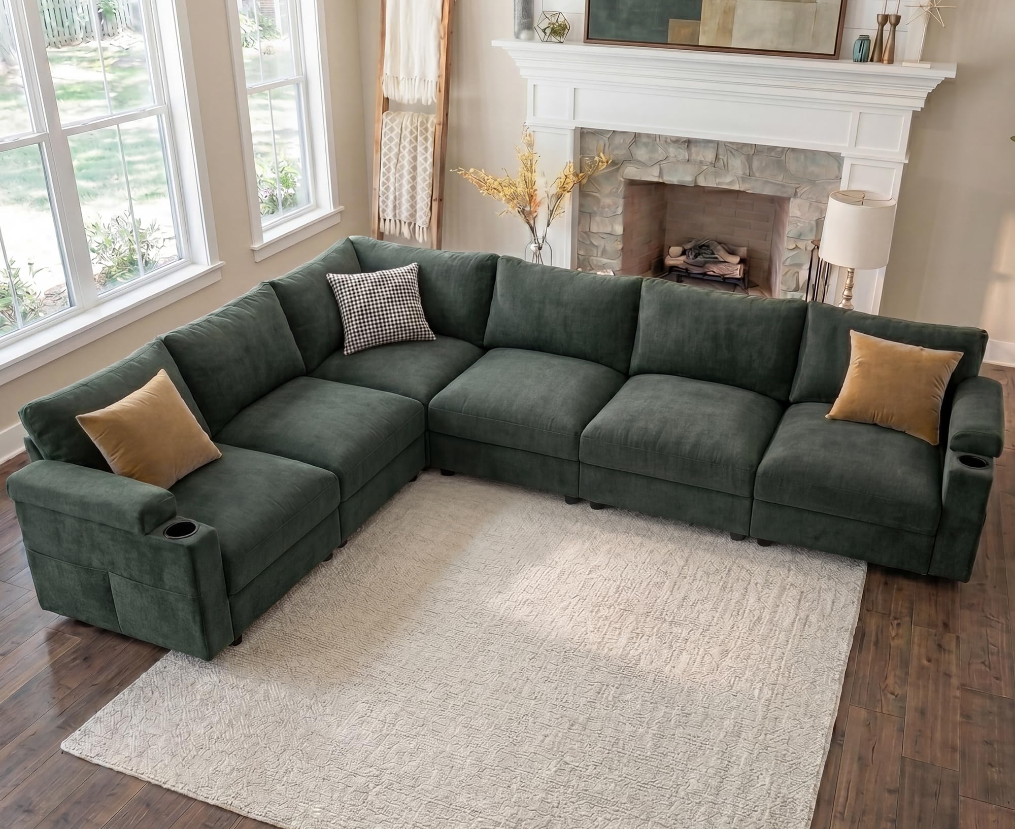 Oversized Sectional Couches for Living Room Cloud Couch Chenille Sofa | Cloud L Shaped Convertible Sleeper Sofa Chaise Detachable Armrest Cushion FSC Certified (Chenille Green, L Shape 6 Seat)