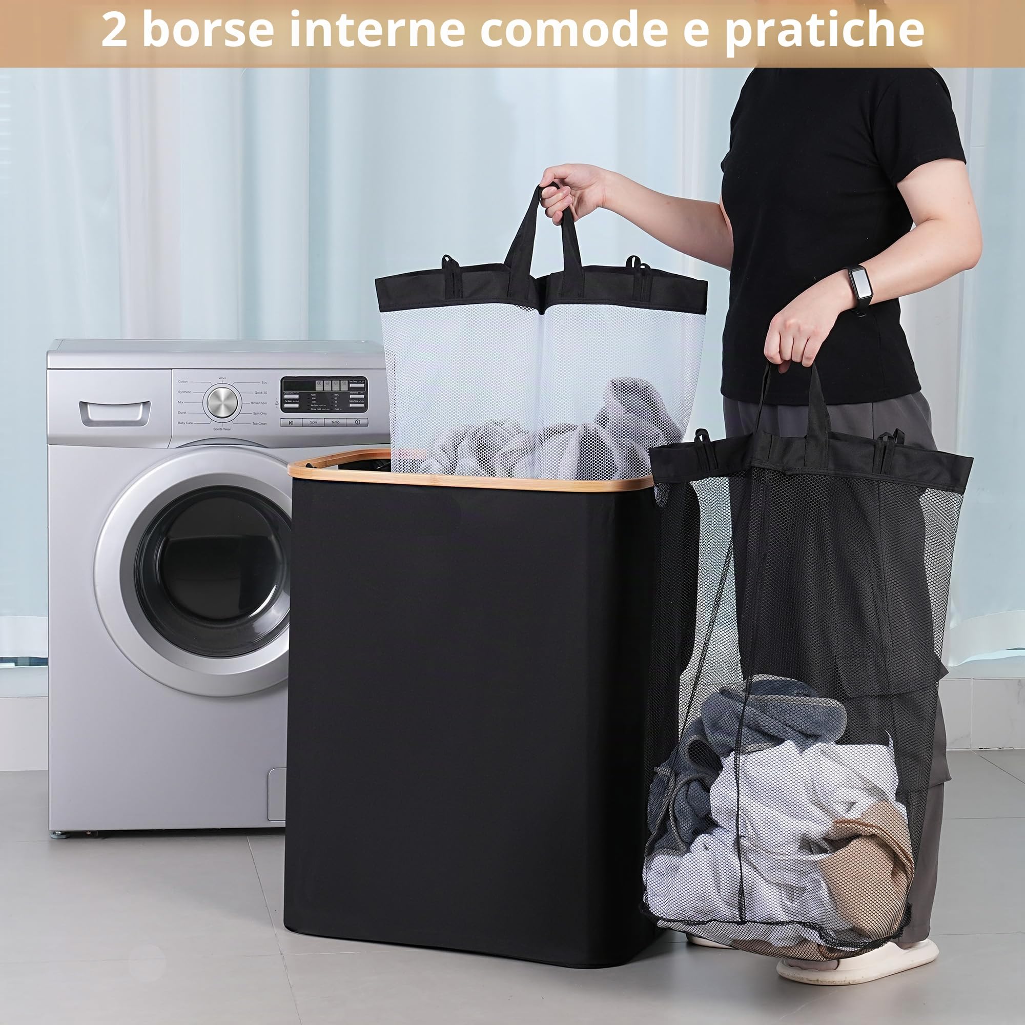 iEGrow Grande cesto portabiancheria con coperchio, 150 l, doppio cesto portabiancheria con sacchetti interni rimovibili e lavabili, 2 scomparti, pieghevole, per vestiti, giocattoli, asciugamani (nero)