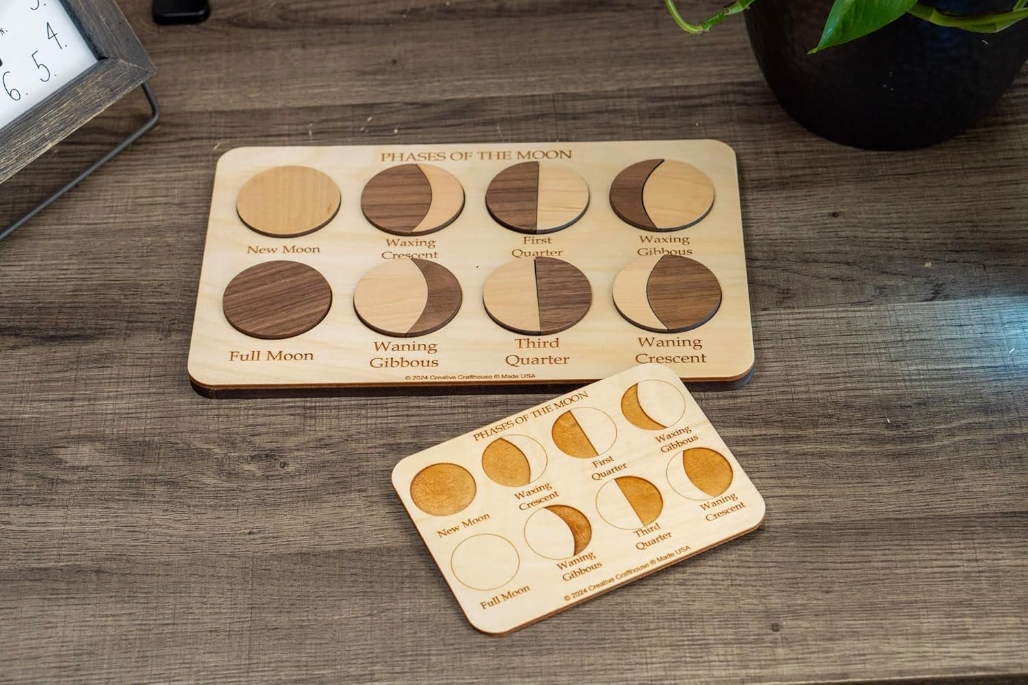 Creative Crafthouse Moon Phases Puzzle - Wooden Montessori Lunar Cycle STEM Learning Toy with Engraved Guide Board - Handmade in USA