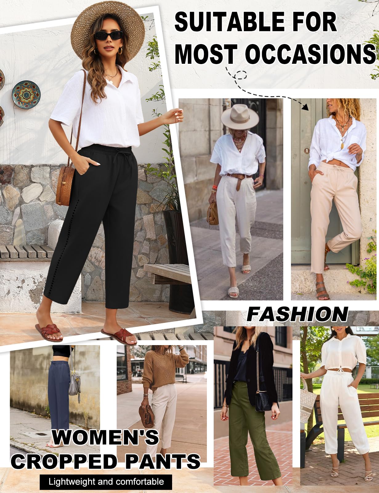 Voqeen Mujer Pantalones de Lino Verano Frescos Cintura Alta Elástico Largo Anchos con Bolsillos